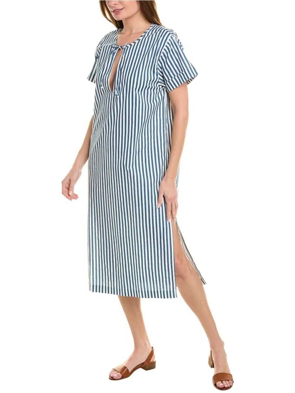 NWT Blue White Striped Poplin Caftan Midi Dress Size S